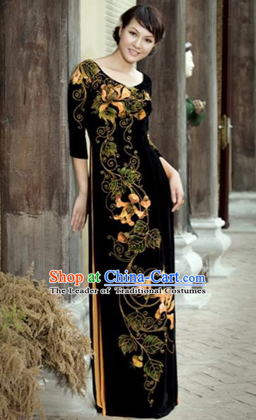 Traditional Top Grade Asian Vietnamese Costumes Embroidery Full Dress, Vietnam National Ao Dai Dress Black Qipao for Women