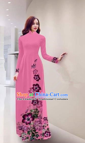 Traditional Top Grade Asian Vietnamese Costumes Handmade Printing Pink Full Dress, Vietnam National Ao Dai Dress Qipao for Women