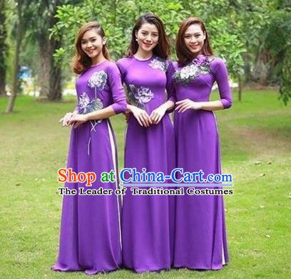 Traditional Top Grade Asian Vietnamese Costumes Classical Handmade Purple Full Dress and Loose Pants, Vietnam National Ao Dai Dress Etiquette Qipao for Women
