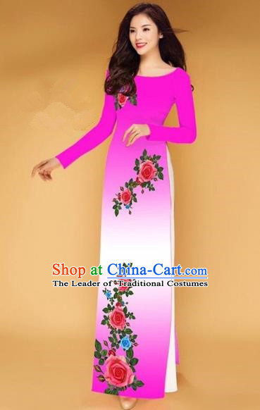 Traditional Top Grade Asian Vietnamese Costumes Classical Printing Rose Flowers Full Dress, Vietnam National Ao Dai Dress Pink Etiquette Qipao for Women