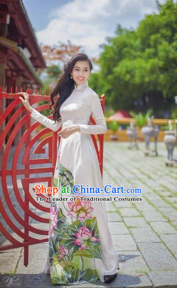 Traditional Top Grade Asian Vietnamese Costumes Classical Printing Lotus Pattern Full Dress, Vietnam National Ao Dai Dress White Etiquette Qipao for Women