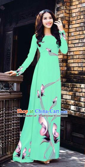 Traditional Top Grade Asian Vietnamese Costumes Classical Printing Flowers Pattern Full Dress, Vietnam National Ao Dai Dress Green Etiquette Qipao for Women