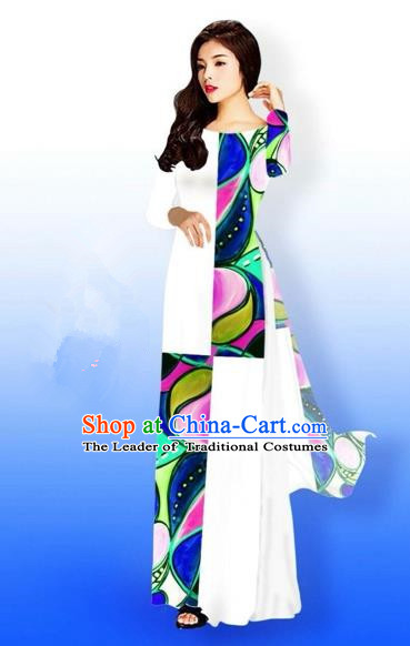 Traditional Top Grade Asian Vietnamese Costumes Classical Printing Full Dress, Vietnam National Ao Dai Dress Bride Qipao for Women