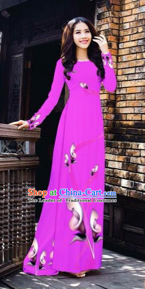 Traditional Top Grade Asian Vietnamese Costumes Classical Printing Flowers Pattern Full Dress, Vietnam National Ao Dai Dress Violet Etiquette Qipao for Women