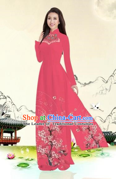 Traditional Top Grade Asian Vietnamese Costumes Classical Plum Blossom Pattern Full Dress, Vietnam National Ao Dai Dress Red Etiquette Qipao for Women