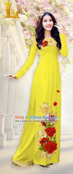 Traditional Top Grade Asian Vietnamese Costumes, Vietnam National Ao Dai Dress Printing Flowers Yellow Qipao for Women