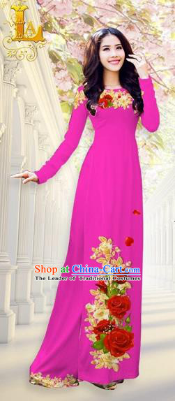 Traditional Top Grade Asian Vietnamese Costumes, Vietnam National Ao Dai Dress Printing Flowers Dusty Pink Qipao for Women
