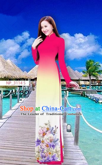 Traditional Top Grade Asian Vietnamese Costumes Full Dress, Vietnam National Ao Dai Dress Printing Flowers Rose Stand Collar Qipao for Women