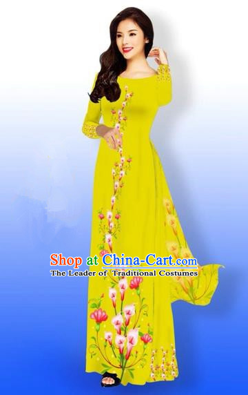 Traditional Top Grade Asian Vietnamese Costumes Full Dress, Vietnam National Ao Dai Dress Printing Flowers Yellow Qipao for Women