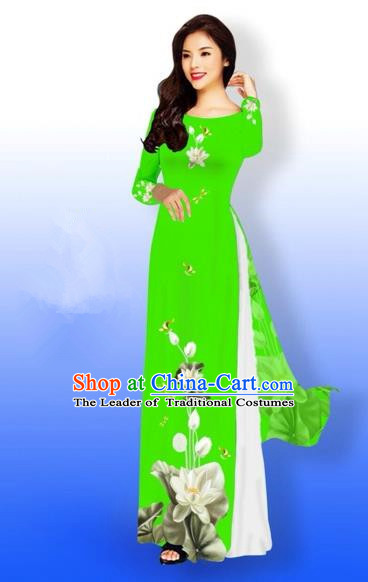 Traditional Top Grade Asian Vietnamese Costumes Full Dress, Vietnam National Ao Dai Dress Printing Flowers Round Collar Green Qipao for Women
