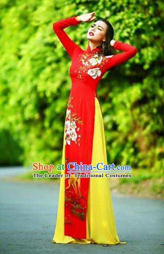Traditional Top Grade Asian Vietnamese Costumes Classical Printing Wedding Full Dress, Vietnam National Ao Dai Dress Chinese Zodiac Monkey Red Qipao for Women