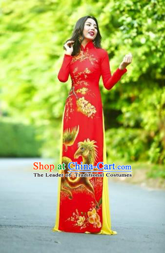 Traditional Top Grade Asian Vietnamese Costumes Classical Printing Wedding Full Dress, Vietnam National Ao Dai Dress Chinese Zodiac Horse Red Qipao for Women