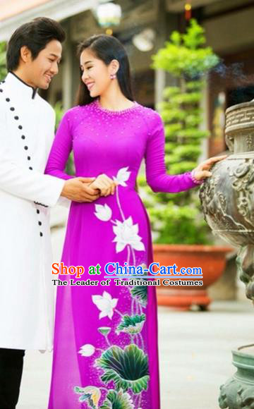 Traditional Top Grade Asian Vietnamese Costumes Classical Printing Wedding Full Dress, Vietnam National Ao Dai Dress Rosy Bride Qipao for Women