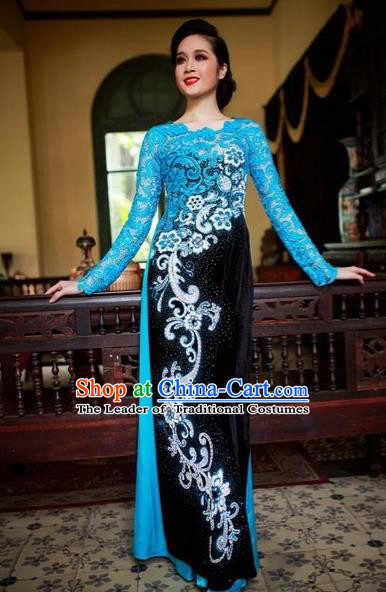 Traditional Top Grade Asian Vietnamese Costumes Classical Printing Lace Full Dress, Vietnam National Ao Dai Dress Catwalks Blue Qipao for Women