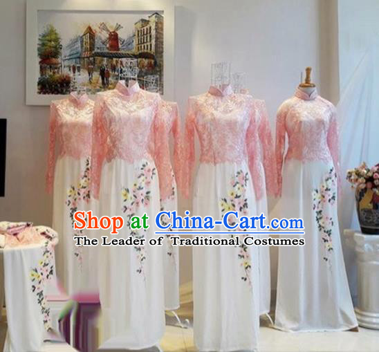 Traditional Top Grade Asian Vietnamese Costumes Classical Printing Lace Full Dress, Vietnam National Ao Dai Dress Catwalks Bridesmaid Pink Qipao for Women