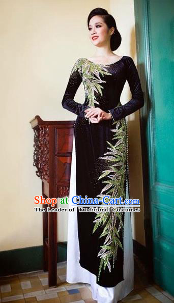 Traditional Top Grade Asian Vietnamese Costumes Classical Black Pleuche Full Dress, Vietnam National Ao Dai Dress Catwalks Bride Beading Qipao for Women