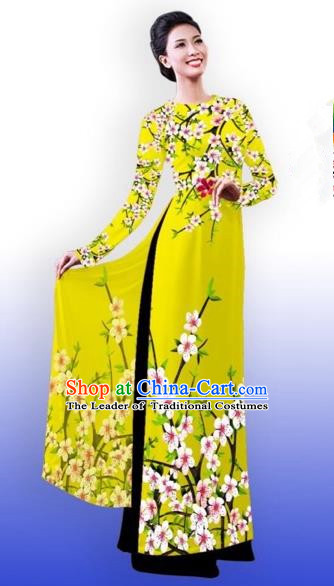 Traditional Top Grade Asian Vietnamese Costumes Classical Printing Peach Blossom Full Dress, Vietnam National Ao Dai Dress Catwalks Princess Yellow Qipao for Women