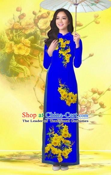 Traditional Top Grade Asian Vietnamese Costumes Classical Printing Flowers Wedding Royalblue Full Dress, Vietnam National Ao Dai Dress Catwalks Bride Qipao for Women