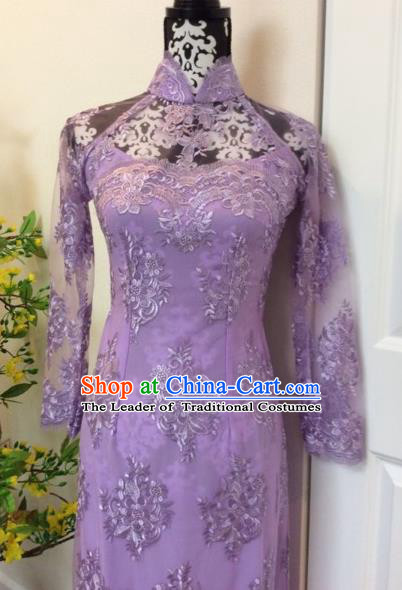 Traditional Top Grade Asian Vietnamese Costumes Classical Purple Lace Full Dress, Vietnam National Ao Dai Dress Catwalks Debutante Qipao for Women