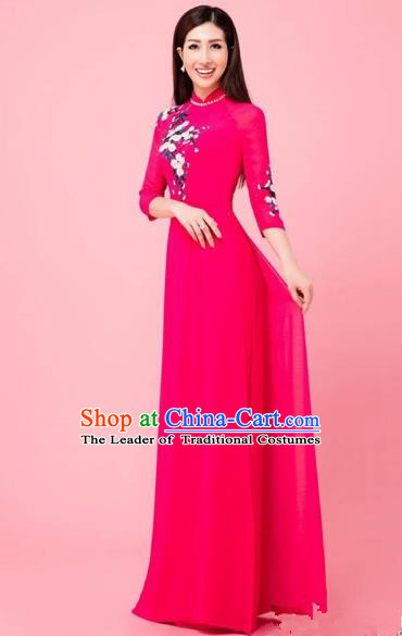 Traditional Top Grade Asian Vietnamese Costumes Classical Hand Embroidery Wedding Full Dress, Vietnam National Ao Dai Dress Bride Rosy Stand Collar Qipao for Women