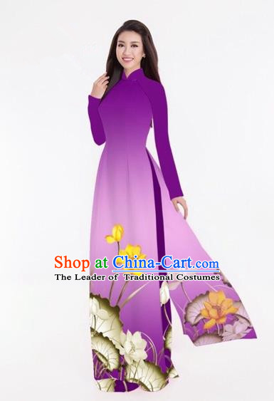 Traditional Top Grade Asian Vietnamese Costumes Classical Printing Lotus Full Dress, Vietnam National Ao Dai Dress Catwalks Purple Qipao for Women