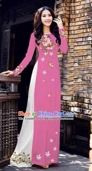 Traditional Top Grade Asian Vietnamese Costumes Classical Printing Peony Pattern Full Dress, Vietnam National Ao Dai Dress Catwalks Pink Qipao for Women