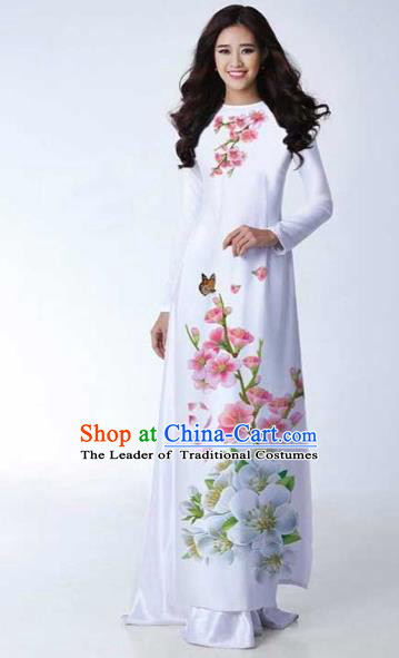Traditional Top Grade Asian Vietnamese Costumes Classical Printing Peach Blossom Full Dress, Vietnam National Ao Dai Dress Catwalks White Qipao for Women