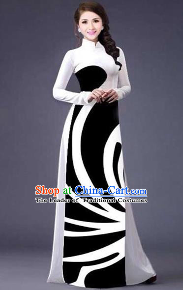 Traditional Top Grade Asian Vietnamese Costumes Classical Stripe Printing Full Dress, Vietnam National Ao Dai Dress Catwalks White Qipao for Women