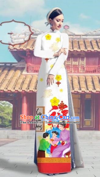 Traditional Top Grade Asian Vietnamese Costumes Classical Printing White Full Dress, Vietnam National Ao Dai Dress Catwalks Debutante Happy New Year Qipao for Women