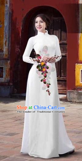 Traditional Top Grade Asian Vietnamese Costumes Classical 3D Printing Flowers Full Dress, Vietnam National Ao Dai Dress Catwalks Debutante White Qipao for Women