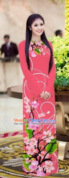 Traditional Top Grade Asian Vietnamese Costumes Classical Printing Peach Blossom Princess Full Dress, Vietnam National Ao Dai Dress Pink Cheongsam for Women