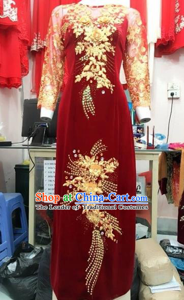 Traditional Top Grade Asian Vietnamese Costumes Classical Wedding Full Dress, Vietnam National Ao Dai Dress Catwalks Debutante Bride Lace Qipao for Women