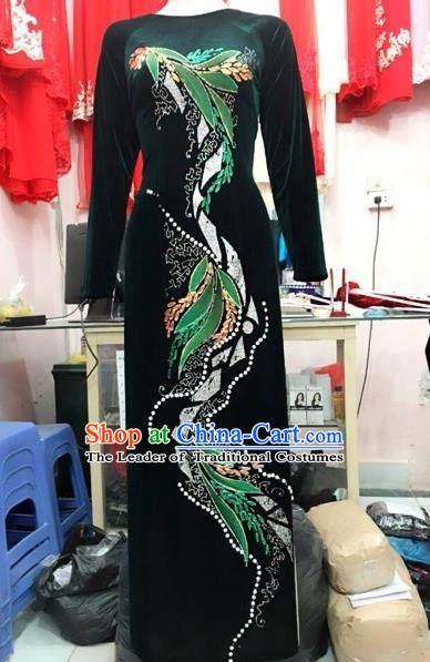 Traditional Top Grade Asian Vietnamese Costumes Classical Manual Embroider Full Dress, Vietnam National Ao Dai Dress Catwalks Debutante Pleuche Qipao for Women