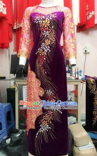 Traditional Top Grade Asian Vietnamese Costumes Classical Lace Full Dress, Vietnam National Ao Dai Dress Catwalks Debutante Wine Red Pleuche Qipao for Women