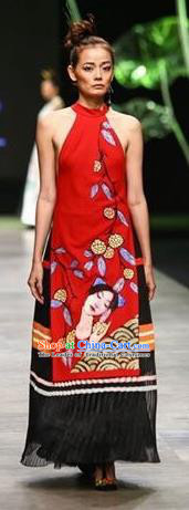Traditional Top Grade Asian Vietnamese Costumes Classical Hand Painting Full Dress, Vietnam National Ao Dai Dress Catwalks Debutante Red Halter Qipao for Women