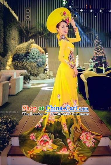 Traditional Top Grade Asian Vietnamese Costumes Classical Princess Full Dress, Vietnam National Ao Dai Dress Hand Painting Lotus Yellow Cheongsam for Women
