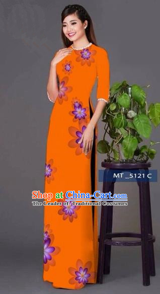 Traditional Top Grade Asian Vietnamese Costumes Classical Princess Full Dress, Vietnam National Ao Dai Dress Orange Cheongsam for Women