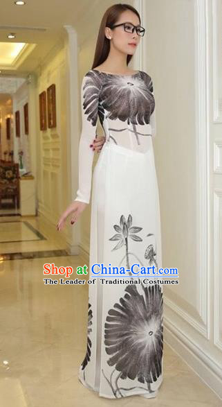 Traditional Top Grade Asian Vietnamese Costumes Classical Princess Ink Painting Full Dress, Vietnam National Ao Dai Dress Cheongsam for Women