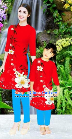 Traditional Top Grade Asian Vietnamese Costumes Classical Printing Flowers Red Full Dress, Vietnam National Ao Dai Dress Mother-daughter Cheongsam for Women for Kids