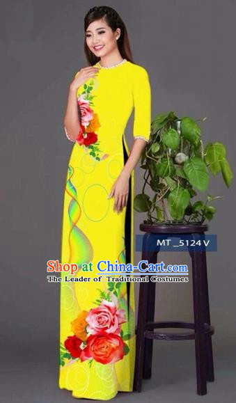 Traditional Top Grade Asian Vietnamese Costumes Classical Princess Printing Cheongsam, Vietnam National Ao Dai Dress Yellow Full Dress for Women