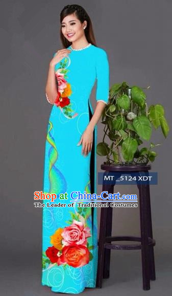 Traditional Top Grade Asian Vietnamese Costumes Classical Princess Printing Cheongsam, Vietnam National Ao Dai Dress Blue Full Dress for Women