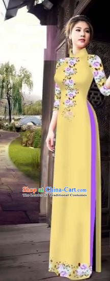Traditional Top Grade Asian Vietnamese Costumes Classical Princess Printing Flowers Cheongsam, Vietnam National Ao Dai Dress Yellow Full Dress for Women