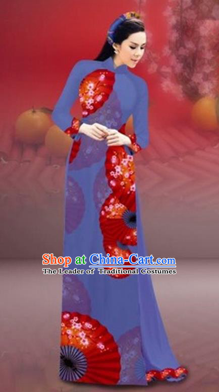 Traditional Top Grade Asian Vietnamese Costumes Classical New Year Printing Cheongsam, Vietnam National Dusty Blue Ao Dai Dress for Women