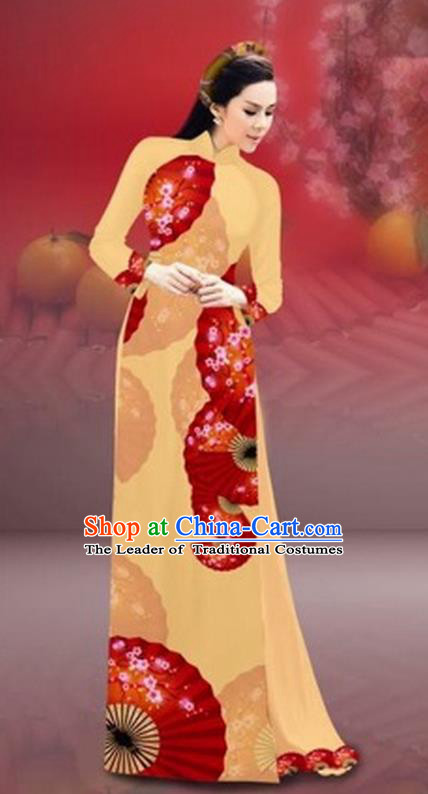 Traditional Top Grade Asian Vietnamese Costumes Classical New Year Printing Cheongsam, Vietnam National Yellow Ao Dai Dress for Women