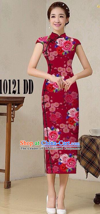 Traditional Top Grade Chinese Costumes Classical Catwalks Printing Princess Cheongsam, China National Wine Red Chi-pao Dress for Women