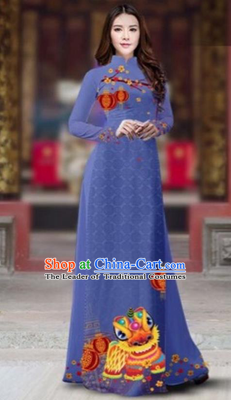 Traditional Top Grade Asian Vietnamese Costumes Classical Printing New Year Cheongsam, Vietnam National Ao Dai Dress Princess Dusty Blue Full Dress for Women