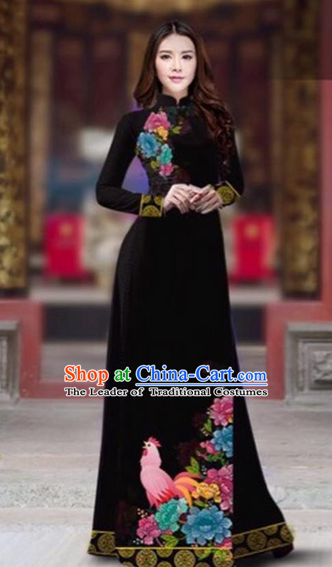 Traditional Top Grade Asian Vietnamese Costumes Classical Rooster Year Cheongsam, Vietnam National Ao Dai Dress Princess Black Full Dress for Women