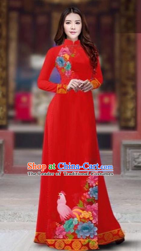 Traditional Top Grade Asian Vietnamese Costumes Classical Rooster Year Cheongsam, Vietnam National Ao Dai Dress Princess Red Full Dress for Women