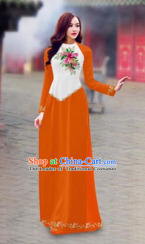 Traditional Top Grade Asian Vietnamese Costumes Classical Color Matching Cheongsam, Vietnam National Ao Dai Dress Printing Orange Full Dress for Women