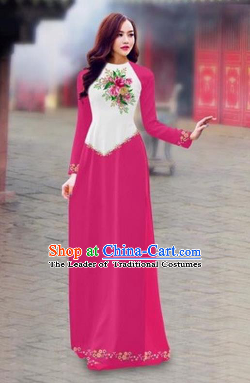 Traditional Top Grade Asian Vietnamese Costumes Classical Color Matching Cheongsam, Vietnam National Ao Dai Dress Printing Pink Full Dress for Women